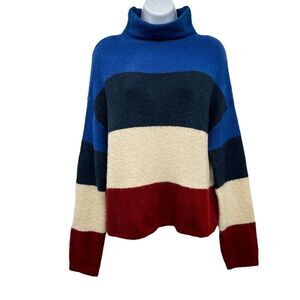Cliche Mock Neck Colorblock Striped Wool Knit Long Sleeve Sweater Top Medium